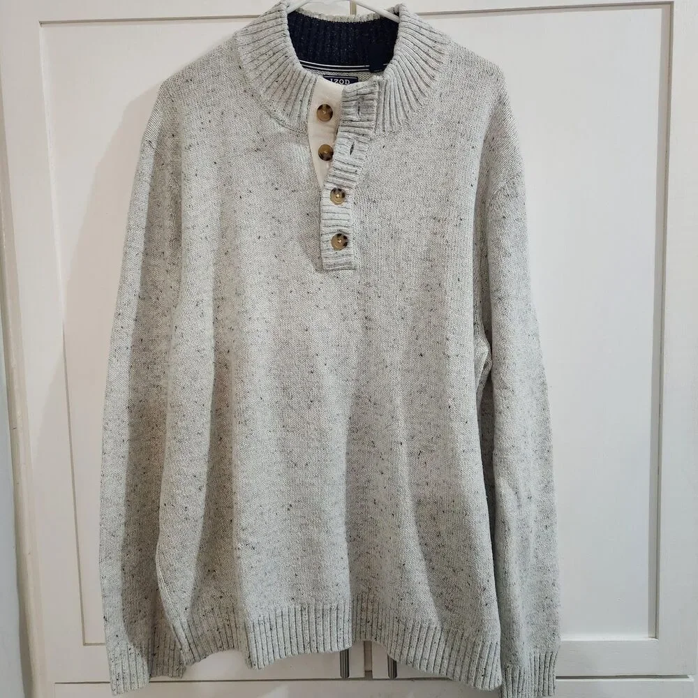 Izod Pullover Henley Sweater Cream Gray Vanilla Ice Mens Size 2X Academia Office